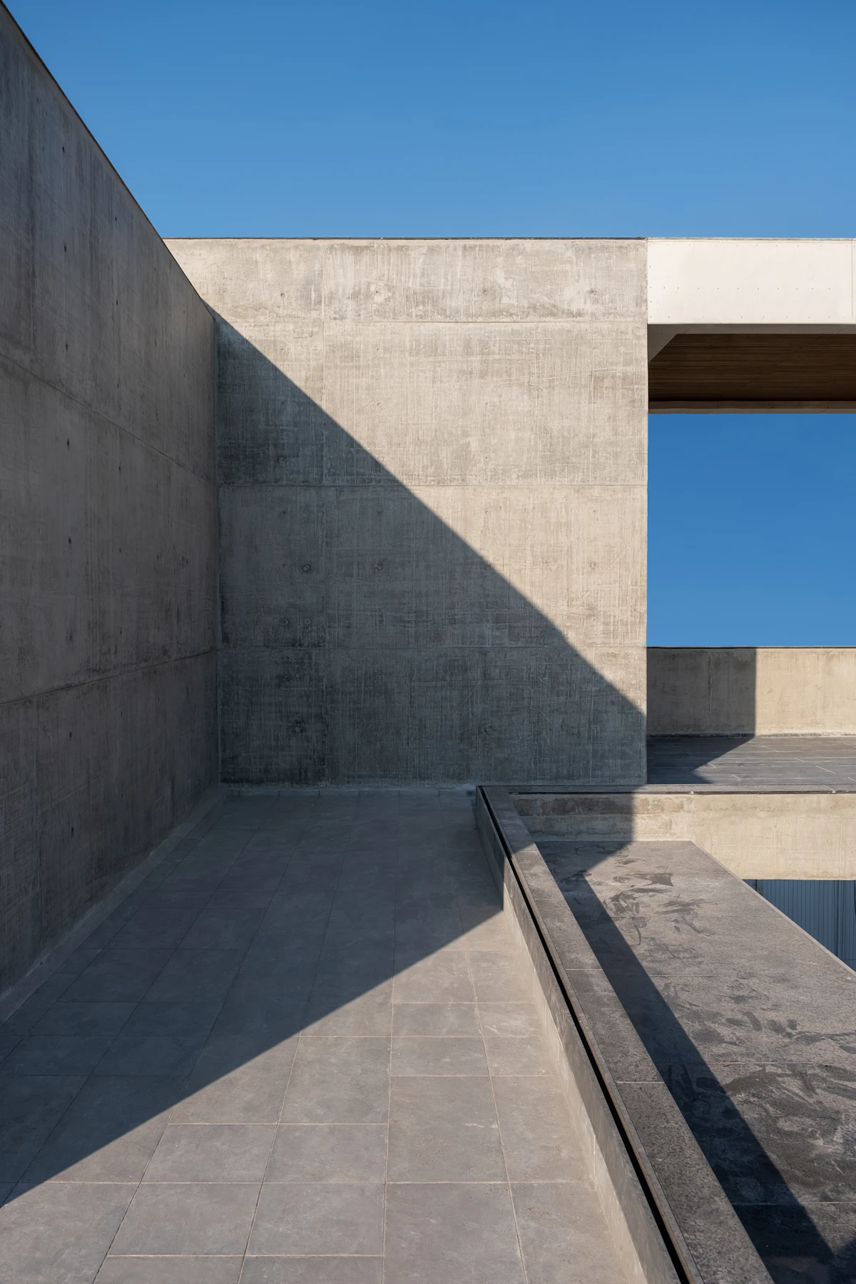 Sunlight and angular shadows across sculptural concrete architecture
